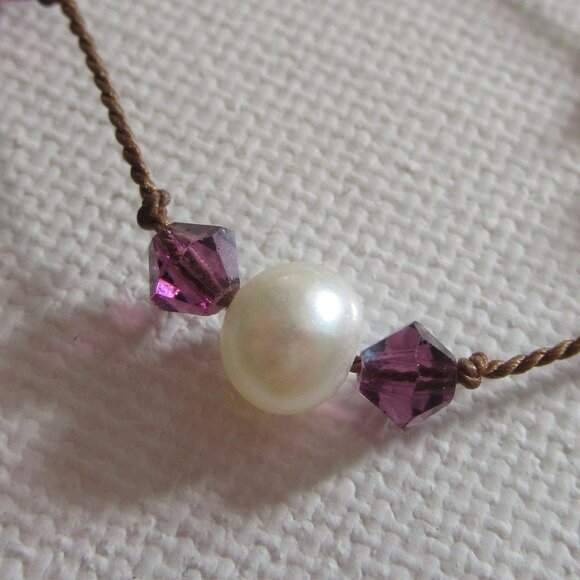 Amethyst & pearl bracelet, 925 Silver Clasp, Vintage, 7" - Picture 2 of 8